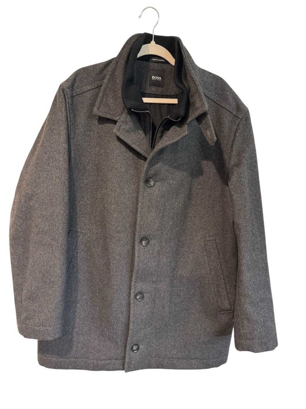 Hugo Boss Mens Wool Cashmere Coat Gray Button Front Jacket Size 44R Large